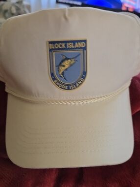 Oura Cream Hat with Blue and Gold Block Island Patch
